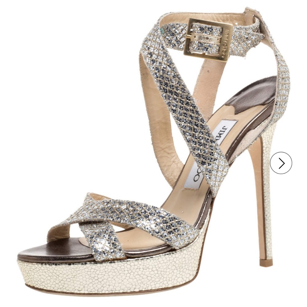 Jimmy Choo Silver Glitter Platform Stiletto Strappy Sandals